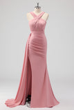 Blush Sheath Spaghetti Straps Satin Ruched Long Bridesmaid Dress