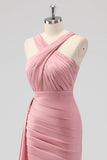 Blush Sheath Spaghetti Straps Satin Ruched Long Bridesmaid Dress