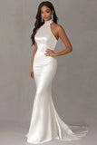 Halter Mermaid Stretch Satin Ivory Wedding Dress