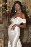 Off the Shoulder White Satin Pleated Mermaid Long Wedding Dress