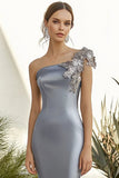 Elegant One Shoulder Dark Grey Satin Formal Dress with 3D Flowers