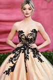 Matte Satin Champagne Ball Gown Sweetheart Appliques Red Carpet Dress