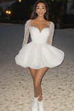 Organza White A Line Sweetheart Long Sleeves Lace Graduation Dress