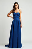 Navy A Line Strapless Satin Ruched Formal Dress