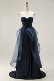 Navy A Line Sweetheart Ruched Long Ball Dress with Ruffles