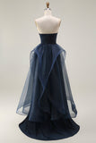 Navy A Line Sweetheart Ruched Long Ball Dress with Ruffles