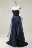 Navy A Line Sweetheart Ruched Long Ball Dress with Ruffles