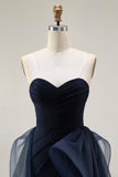 Navy A Line Sweetheart Ruched Long Ball Dress with Ruffles