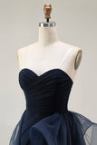 Navy A Line Sweetheart Ruched Long Ball Dress with Ruffles