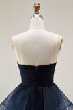 Navy A Line Sweetheart Ruched Long Ball Dress with Ruffles