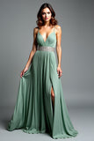 Dusty Sage Spaghetti Straps Ruched A Line Prom Dress with Slit