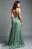 Dusty Sage Spaghetti Straps Ruched A Line Prom Dress with Slit