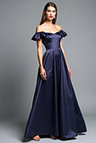 Off the Shoulder Navy Satin A Line Formal Dress