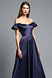 Off the Shoulder Navy Satin A Line Formal Dress