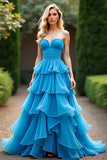 A Line Blue Sweetheart Ruffled Tiered Prom Dress