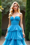 A Line Blue Sweetheart Ruffled Tiered Prom Dress