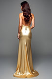 Golden Halter Sheath Backless Long Prom Dress with Slit