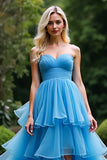 Blue A Line Sweetheart Ruffled Prom Dress