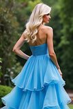 Blue A Line Sweetheart Ruffled Prom Dress