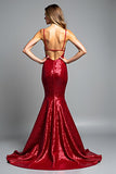 Red Mermaid Spaghetti Straps Sequined Prom Dress