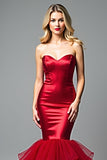 Red Mermaid Strapless Satin Tulle Prom Dress