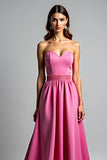 Fuchsia A Line Strapless Ruched Prom Dress