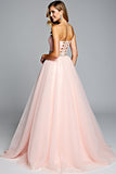 Light Pink Strapless A Line Tulle Prom Dress with Beading