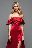 Off the Shoulder Burgundy Satin A Line Prom Dress with Slit