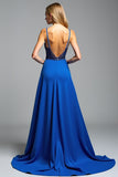 Spaghetti Straps Royal Blue A Line Beads Prom Dress with Slit