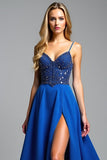 Spaghetti Straps Royal Blue A Line Beads Prom Dress with Slit