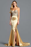 Golden Strapless Beads Sheath Prom Dress with Slit