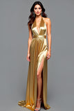 Sheath Golden Halter Pleated Long Prom Dress with Slit