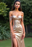 Sparkly Champagne Long Off The Shoulder Prom Dress with Slit