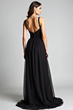 Black Spaghetti Straps A Line Pleated Long Bridesmaid Dress