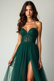 Dark Green A Line Sweetheart Strapless Tulle Long Prom Dress with Slit