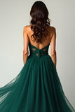 Dark Green A Line Sweetheart Strapless Tulle Long Prom Dress with Slit