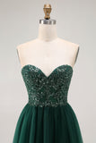 Dark Green Sequin Strapless A Line Long Prom Dress