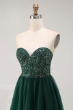 Dark Green Sequin Strapless A Line Long Prom Dress