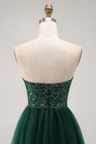 Dark Green Sequin Strapless A Line Long Prom Dress
