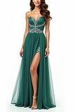 A Line Dark Green Strapless Appliqued Long Prom Dress with Slit