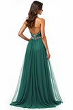 A Line Dark Green Strapless Appliqued Long Prom Dress with Slit