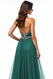 A Line Dark Green Strapless Appliqued Long Prom Dress with Slit