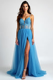 Light Blue A Line Spaghetti Straps Long Prom Dress with Slit