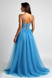 Light Blue A Line Spaghetti Straps Long Prom Dress with Slit