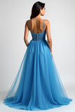 Light Blue A Line Spaghetti Straps Long Prom Dress with Slit