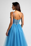 Light Blue A Line Spaghetti Straps Long Prom Dress with Slit