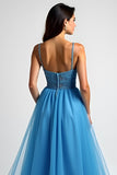 Light Blue A Line Spaghetti Straps Long Prom Dress with Slit