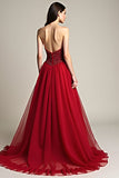 A Line Sequin Burgundy Strapless Tulle Long Prom Dress