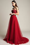 A Line Sequin Burgundy Strapless Tulle Long Prom Dress