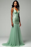 Dusty Sage Mermaid Spaghetti Straps Lace Long Prom Dress